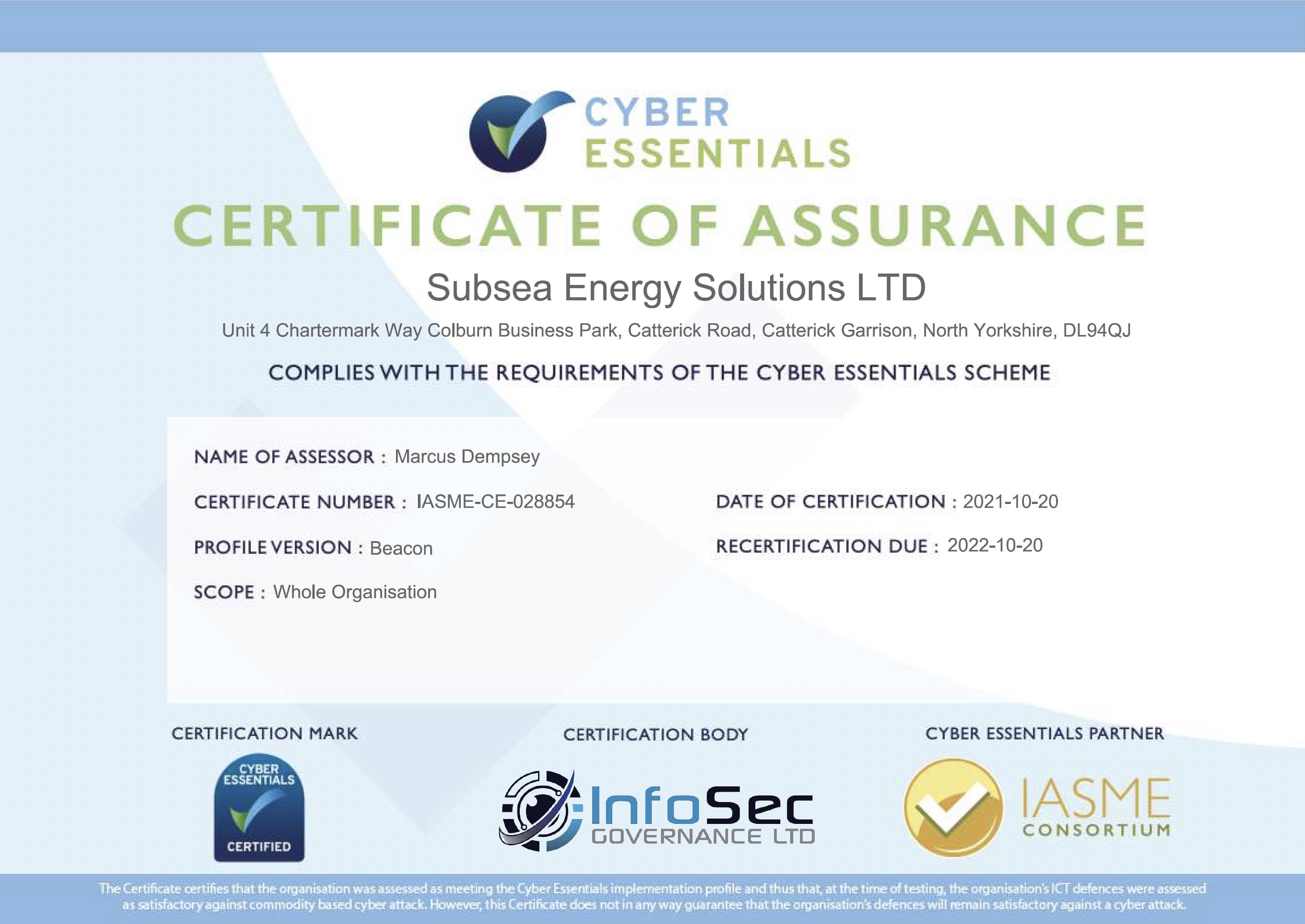 Cyber Essentials Certificate of Assurance 